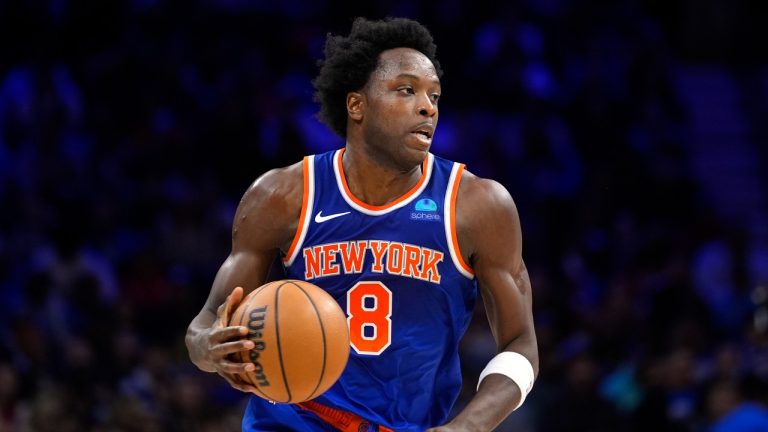 New York Knicks' OG Anunoby plays during an NBA basketball game, Friday, Jan. 5, 2024, in Philadelphia. (Matt Slocum/AP)