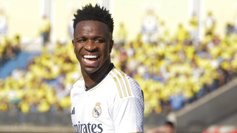 Real Madrid's Vinicius Junior reacts during a Spanish La liga soccer match between Las Palmas and Real Madrid at the Gran Canaria stadium on the Canary island of Las Palmas, Spain, Saturday, Jan. 27, 2024. (Gerardo Ojeda/AP)