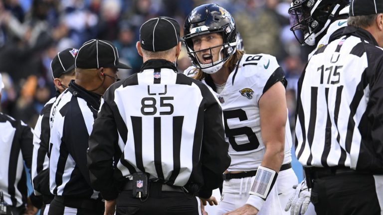 Jacksonville Jaguars quarterback Trevor Lawrence (16) argues a call with officials during the second half of an NFL football game against the Tennessee Titans Sunday, Jan. 7, 2024, in Nashville, Tenn. (John Amis/AP)