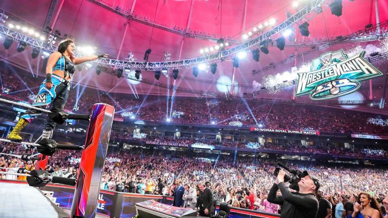 Bayley points to the WrestleMania 40 sign after winning the Women's Royal Rumble match. (Photo by WWE)