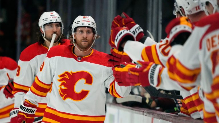 Calgary Flames center Blake Coleman celebrates a goal against the Arizona Coyotes during the first period of an NHL hockey game Thursday, Jan. 11, 2024, in Tempe, Ariz. (Ross D. Franklin/AP)