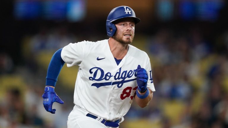 Los Angeles Dodgers' Michael Busch heads toward first on a foul ball during the eighth inning of a baseball game against the Arizona Diamondbacks, Wednesday, Aug. 30, 2023, in Los Angeles. (Ryan Sun/AP)