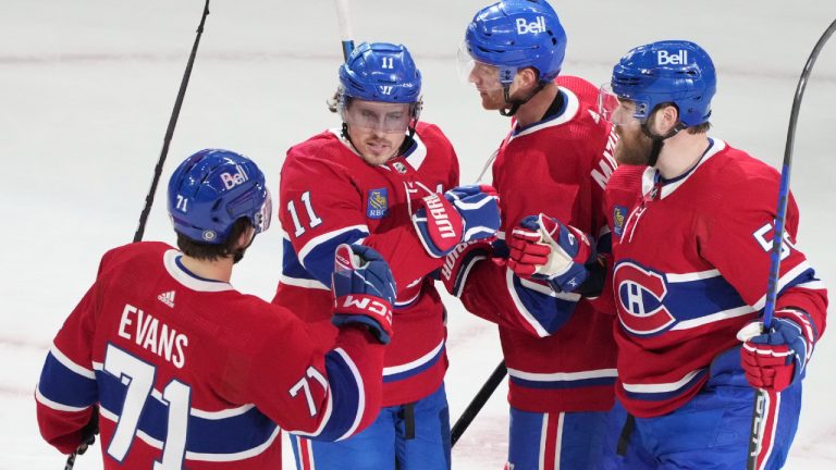 Montreal Canadiens' Brendan Gallagher (11) celebrates his goal on San Jose Sharks with teammates Jake Evans (71), Mike Matheson (8), and David Savard (58) during first period NHL hockey action in Montreal on Thursday, Jan. 11, 2024. (Christinne Muschi/CP)