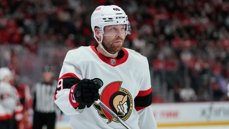 Ottawa Senators center Rourke Chartier (49) plays against the Detroit Red Wings in the first period of an NHL hockey game Saturday, Dec. 9, 2023, in Detroit. (Paul Sancya/AP Photo)