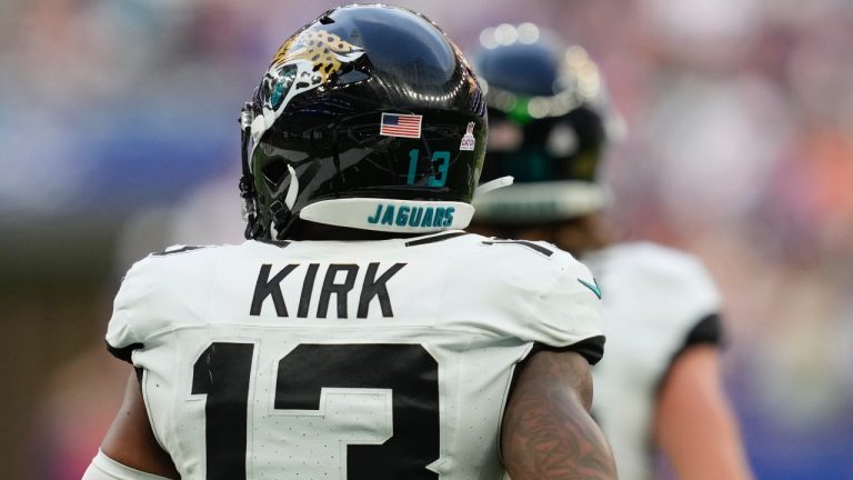 Jacksonville Jaguars wide receiver Christian Kirk (13) runs back to the line of scrimmage after a play during an NFL football game between the Jacksonville Jaguars and the Buffalo Bills at Tottenham Hotspur Stadium, Sunday, Oct. 8, 2023, in London. The Jacksonville Jaguars defeated the Buffalo Bills 25-20. (AP Photo/Steve Luciano)