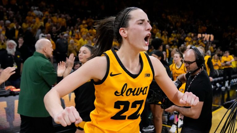 Iowa guard Caitlin Clark (22) celebrates after an NCAA college basketball game against Michigan State, Tuesday, Jan. 2, 2024, in Iowa City, Iowa. Iowa won 76-73. (Charlie Neibergall/AP Photo)