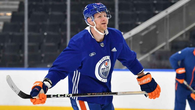 Corey Perry #90 of the Edmonton Oilers practices for the first time with his new team at Rogers Place. (Andy Devlin/Getty Images)
