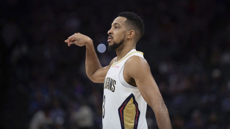 New Orleans Pelicans guard CJ McCollum (3) gestures after making a 3-point basket in the second half of an NBA basketball game against the Sacramento Kings in Sacramento, Calif., Sunday, Jan. 7, 2024. (José Luis Villegas/AP)