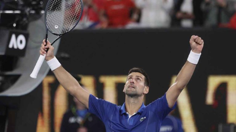 Novak Djokovic of Serbia celebrates after defeating Tomas Martin Etcheverry of Argentina in their third round match at the Australian Open tennis championships. (Asanka Brendon Ratnayake/AP)