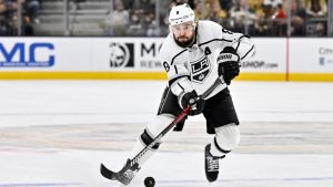 Los Angeles Kings defenseman Drew Doughty (8) skates with the puck against the Vegas Golden Knights during the third period of an NHL hockey game Thursday, Dec. 28, 2023, in Las Vegas. (David Becker/AP)