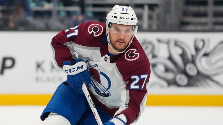 Colorado Avalanche left wing Jonathan Drouin (27) in action against the Seattle Kraken during the second period of an NHL hockey game Tuesday, Oct. 17, 2023, in Seattle. (Lindsey Wasson/AP)