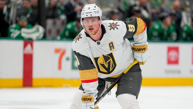 Vegas Golden Knights center Jack Eichel looks on during the second period of an NHL hockey game between the Dallas Stars and the Vegas Golden Knights, Saturday, Dec. 9, 2023, in Dallas. The Golden Knights won 6-1. (Julio Cortez/AP)