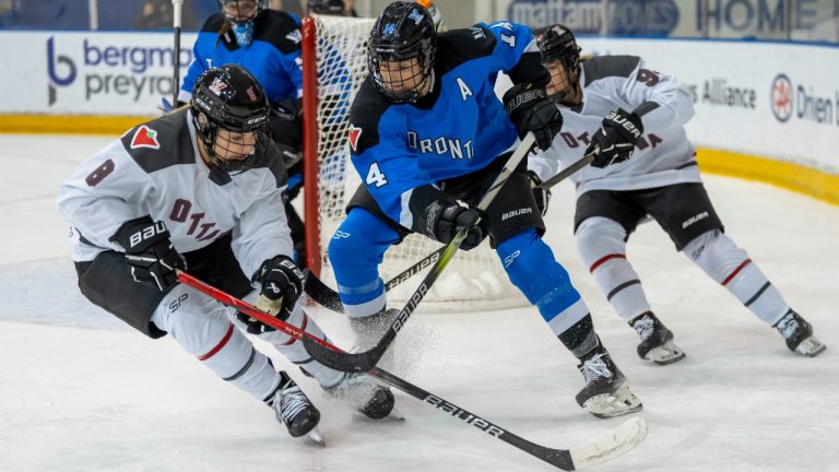 Ottawa forward Natalie Snodgrass (8) battlers with Toronto defender Renata Fast (14) during first period PWHL action in Toronto on Saturday January 13, 2024. (Frank Gunn/CP)