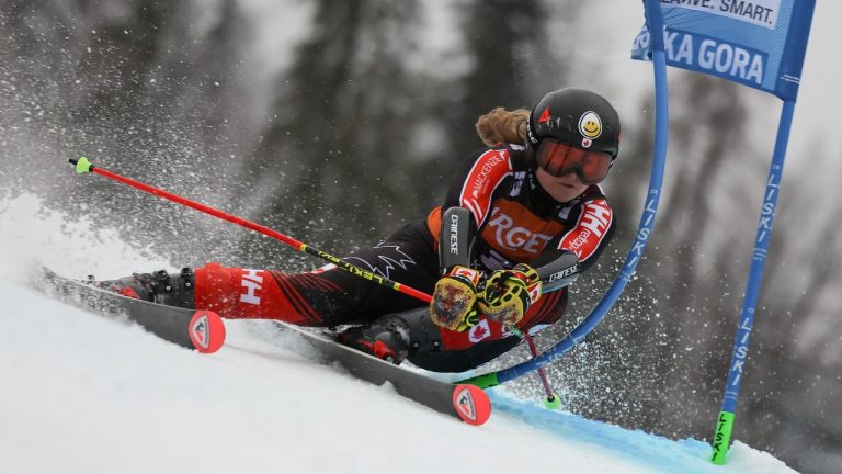 Canada's Valerie Grenier speeds down the course during the first run of an alpine ski, women's World Cup giant slalom race, in Kranjska Gora, Slovenia, Saturday, Jan. 6, 2024. (Marco Trovati/AP)