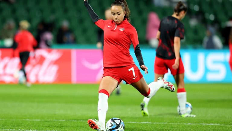 Julia Grosso of Canada warms up before the Canada vs. Ireland Group B match at the FIFA Women's World Cup in Perth, Australia, Wednesday, July 26, 2023. (James Worsfold/CP)