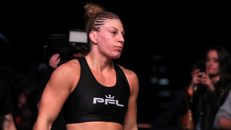 Kayla Harrison walks to the cage for her Professional Fighters League bout against Larissa Pacheco at Nassau Coliseum in Uniondale, N.Y., in this Thursday, May 9, 2019, file photo. (AP Photo)