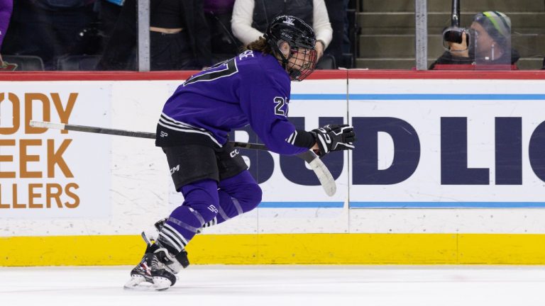 Minnesota forward Taylor Heise skates to the bench after a scoring against Toronto during the first period of a PWHL hockey game Wednesday, Jan. 10, 2024, in St. Paul, Minn. (Bailey Hillesheim/AP)