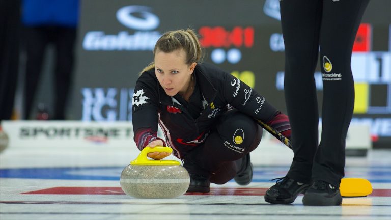 Rachel Homan throws a rock during the Co-op Canadian Open on Tuesday, Jan. 16, 2024, in Red, Deer, Alta. (Anil Mungal/GSOC)