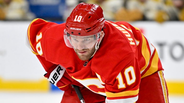 Calgary Flames center Jonathan Huberdeau looks on during a break in the action during the third period of an NHL hockey game against the Vegas Golden Knights Saturday, Jan. 13, 2024, in Las Vegas. (David Becker/AP)