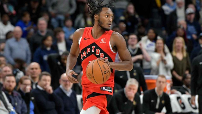 Toronto Raptors guard Immanuel Quickley (5) plays in the second half of an NBA basketball game. (Brandon Dill/AP)