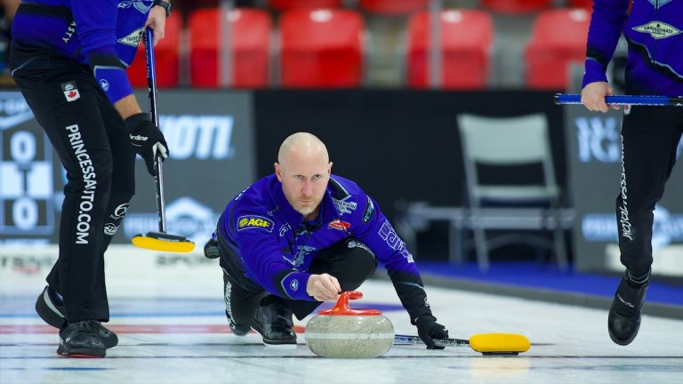 Brad Jacobs shoots a stone during the Co-op Canadian Open on Wednesday, Jan. 17, 2024, in Red Deer, Alta. (Anil Mungal/GSOC)