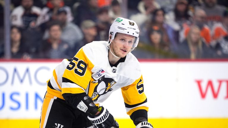 Pittsburgh Penguins' Jake Guentzel plays during an NHL hockey game, Monday, Jan. 8, 2024, in Philadelphia. (Matt Slocum/AP)