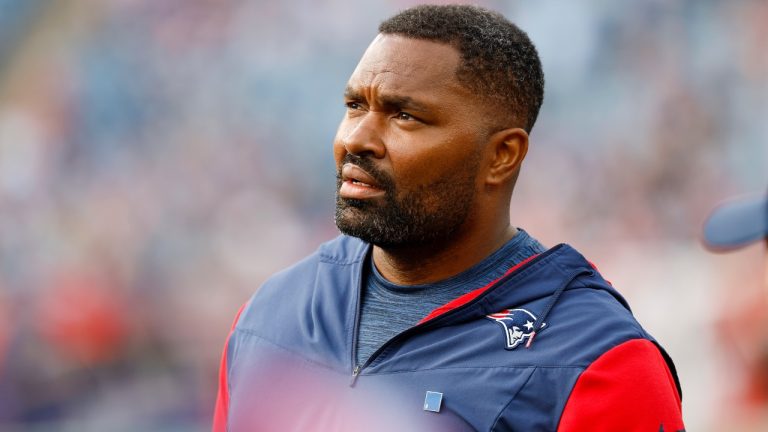 New England Patriots inside linebacker coach Jerod Mayo on the side line during the second half of an NFL football game against the New Orleans Saints on Sunday, Oct. 8, 2023, in Foxborough, Mass. (AP Photo/Greg M. Cooper)