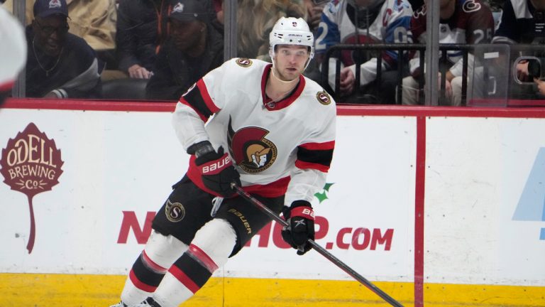 Ottawa Senators center Josh Norris (9) in the third period of an NHL hockey game Thursday, Dec. 21, 2023, in Denver. (David Zalubowski/AP)