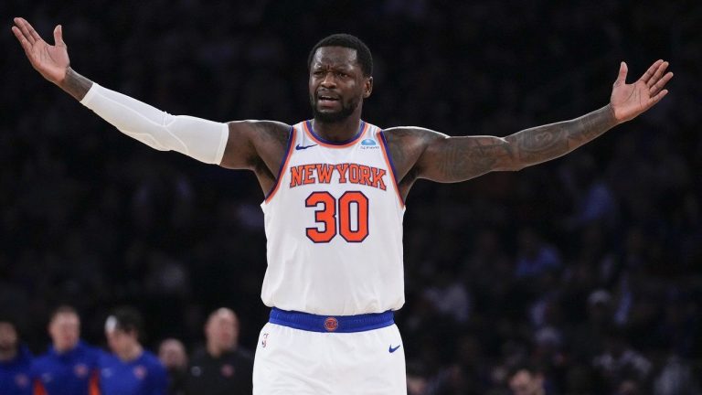 New York Knicks' Julius Randle reacts to a call during the first half of the team's NBA basketball game against the Portland Trail Blazers, Tuesday, Jan. 9, 2024, in New York. (AP Photo/Frank Franklin II)