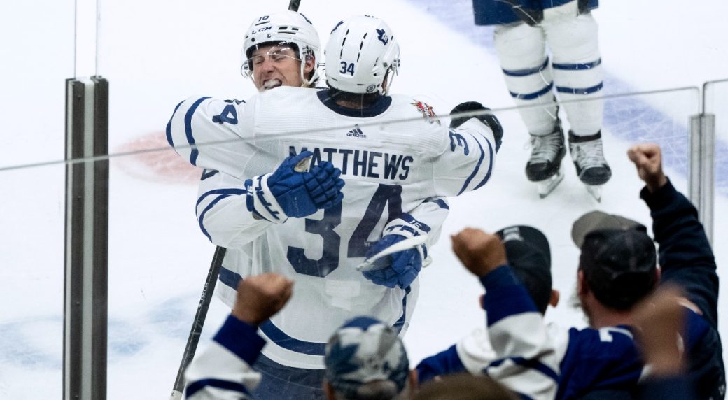 Persistent Matthews, Maple Leafs avoid getting goalie’d in 57-shot thriller