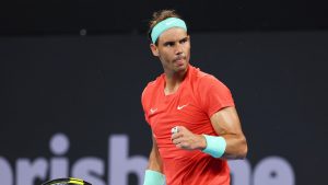 Rafael Nadal of Spain reacts after winning the first set in his quarter-final match against Jordan Thompson of Australia during the Brisbane International tennis tournament in Brisbane, Australia, Friday, Jan. 5, 2024. (Tertius Pickard/AP)