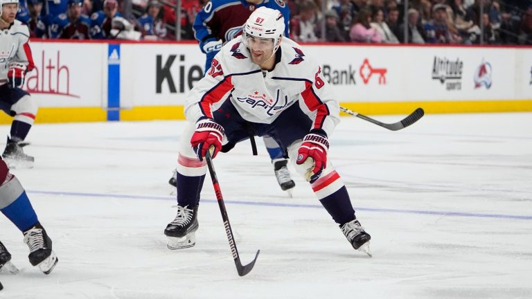 Washington Capitals left wing Max Pacioretty (67) in the second period of an NHL hockey game Wednesday, Jan. 24, 2024, in Denver. (David Zalubowski/AP Photo)