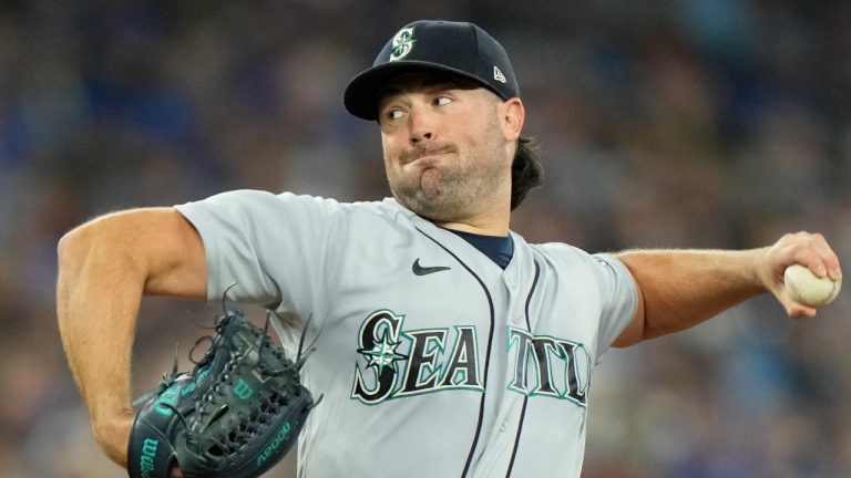 Seattle Mariners starting pitcher Robbie Ray (38) throws during first inning American League wild card MLB baseball action against the Toronto Blue Jays in Toronto on Saturday, October 8, 2022. (Frank Gunn/CP)