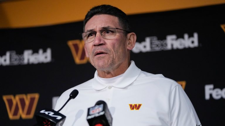 Washington Commanders head coach Ron Rivera speaking during a news conference after an NFL football game against the San Francisco 49ers, Sunday, Dec. 31, 2023, in Landover, Md. San Francisco won 27-10. (Mark Schiefelbein./AP Photo)