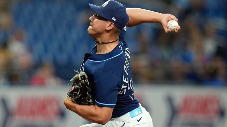 Tampa Bay Rays relief pitcher Robert Stephenson delivers to the Los Angeles Angels during the eighth inning of a baseball game Tuesday, Sept. 19, 2023, in St. Petersburg, Fla. (AP Photo/Chris O'Meara)