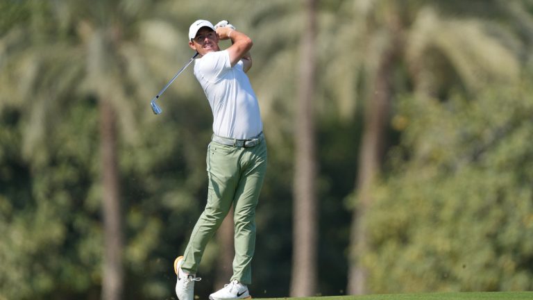 Rory McIlroy of Northern Ireland plays his second shot on 3rd hole during the final round of the Hero Dubai Desert Classic golf tournament, in Dubai, United Arab Emirates, Sunday, Jan. 21, 2024. (Kamran Jebreili/AP)