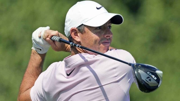 Rory McIlroy of Northern Ireland tees off on the 13th hole during the third round of the Hero Dubai Desert Classic golf tournament, in Dubai, United Arab. (Kamran Jebreili/AP)
