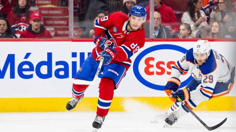 Joshua Roy #89 of the Montreal Canadiens takes a shot on goal during the third period of the NHL regular season game between the Montreal Canadiens and the Edmonton Oilers at the Bell Centre. (Vitor Munhoz/Getty Images)
