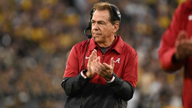 Alabama head coach Nick Saban reacts after running back Jase McClellan (2) scored a touchdown during the second half of the Rose Bowl CFP NCAA semifinal college football game against Michigan. (Kyusung Gong/AP)