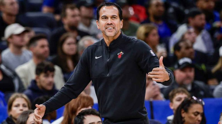 Miami Heat head coach Erik Spoelstra reacts as his team plays the Orlando Magic during the first half of an NBA basketball game. (Kevin Kolczynski/AP)