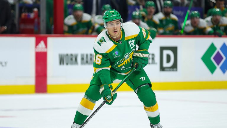 Minnesota Wild defenseman Jared Spurgeon (46) in action during the first period of an NHL hockey game against the Colorado Avalanche Friday, Nov. 24, 202Matt Krohn/AP)