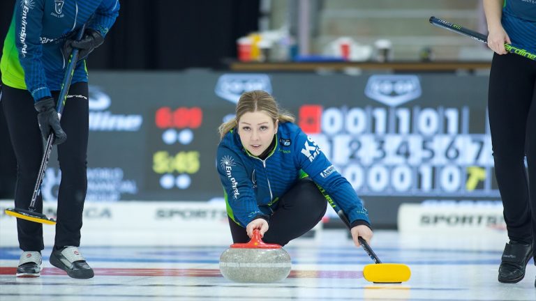 Selena Sturmay shoots a stone during the Co-op Canadian Open on Thursday, Jan. 18, 2024, in Red Deer, Alta. (Anil Mungal/GSOC)