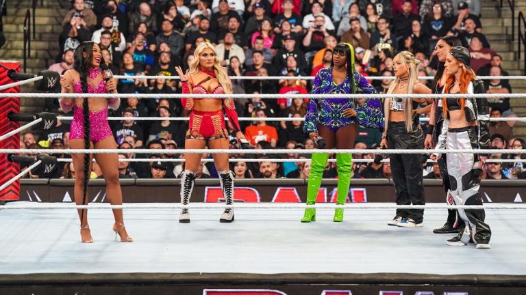 Bianca Belair, Tiffany Stratton, Naomi, Liv Morgan, Raquel Rodriguez and Becky Lynch meet to discuss their upcoming Elimination Chamber match on the February 19 edition of WWE Monday Night Raw (Credit to WWE)