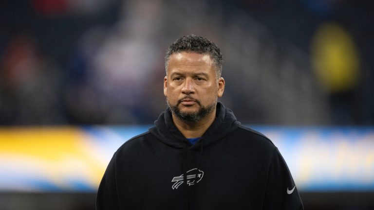 Buffalo Bills senior defensive assistant Al Holcomb before an NFL football game against the Los Angeles Chargers, Saturday, Dec. 23, 2023, in Inglewood, Calif. (AP Photo/Kyusung Gong)