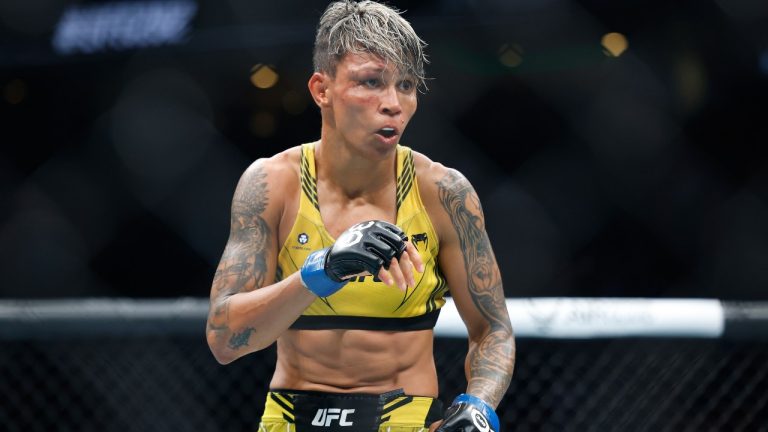 Amanda Lemos in action during her UFC 292 Strawweight title mixed martial arts fight, Saturday, August 19, 2023, in Boston. Zhang Weili won via unanimous decision and retained her title. (Gregory Payan/AP)