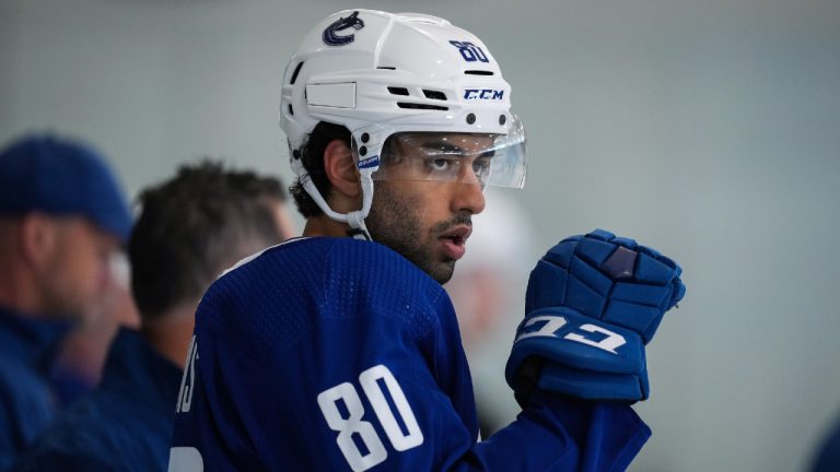 Vancouver Canucks forward Arshdeep Bains looks on during the NHL hockey team's training camp in Whistler, B.C., Thursday, Sept. 22, 2022. (Darryl Dyck/CP)