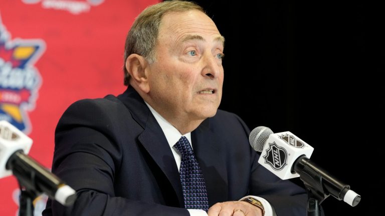 NHL Commissioner Gary Bettman speaks during a news conference in Toronto on Friday Feb. 2, 2024. (