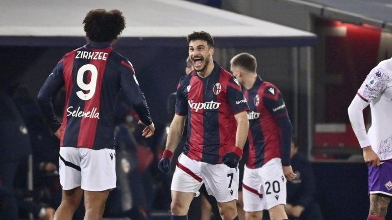 Bologna’s hopes of qualifying for the Champions League were boosted by a 2-0 win over regional rival Fiorentina in Serie A on Wednesday. (Massimo Paolone/LaPresse via AP)