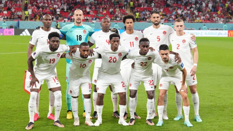 Canada players pose ahead of Group F World Cup soccer action against Belgium at Ahmad bin Ali Stadium in Al Rayyan, Qatar, on Wednesday, Nov. 23, 2022. (Nathan Denette/CP)