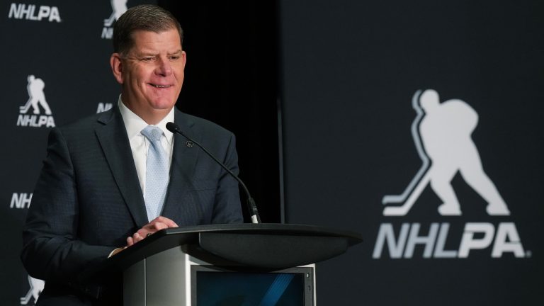 Marty Walsh, the National Hockey League Players’ Association's newly appointed executive director, holds a press conference in Toronto on Thursday, March 30, 2023. (Nathan Denette/CP)